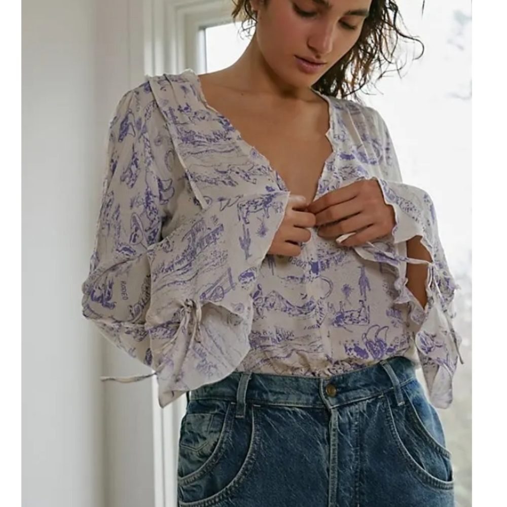 Free People Ivory Bodysuit Blouse with Lavender Print